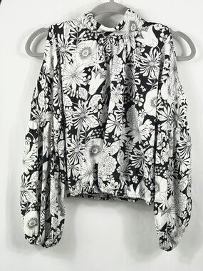 INC Black & White Floral Cold Shoulder Elastic Trim Crop Top. Size S. Tie neck